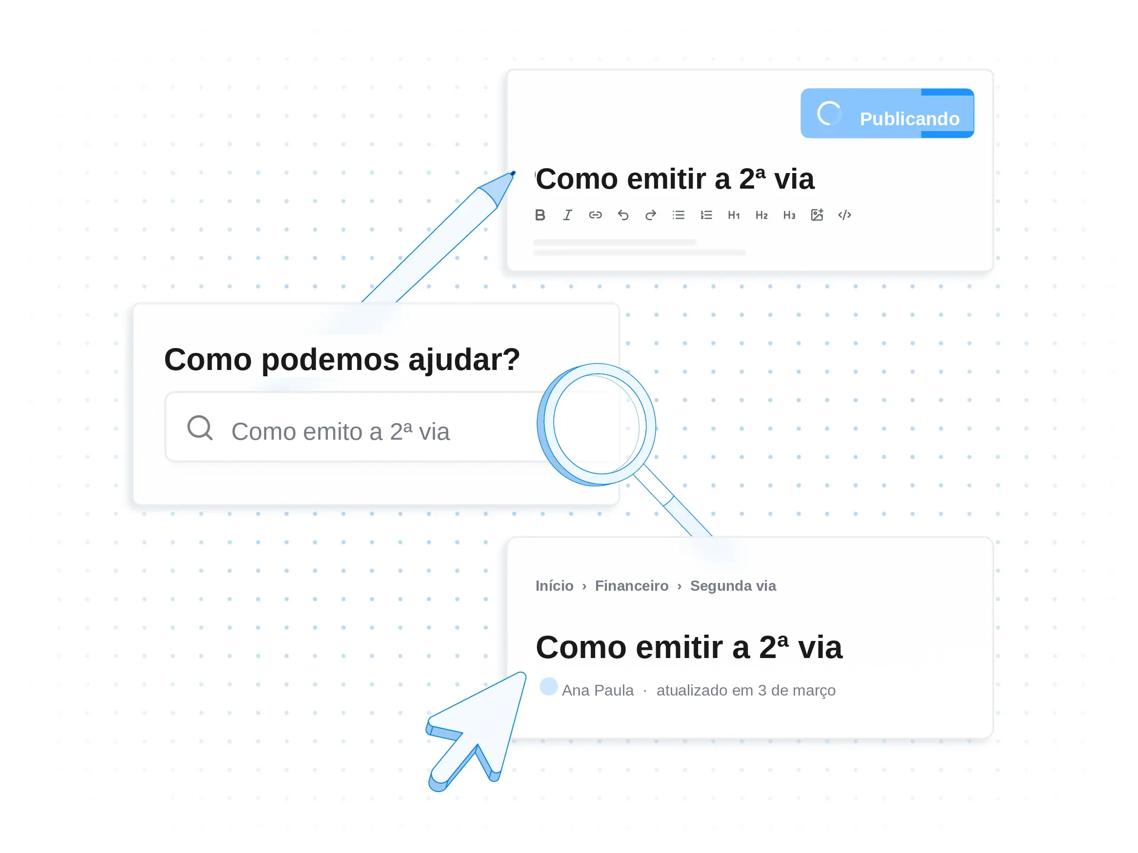 Portal da base de conhecimento: campo de busca com a pergunta “Como emito a 2ª via”, o artigo publicado e o editor com o mesmo título.